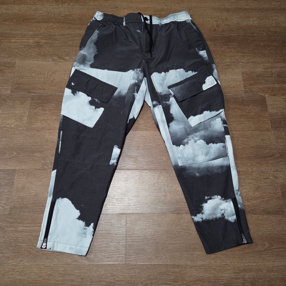 Paperplane Shop mens Cloud Print Cargo Pants XL Elastic Waist Zip Ankle